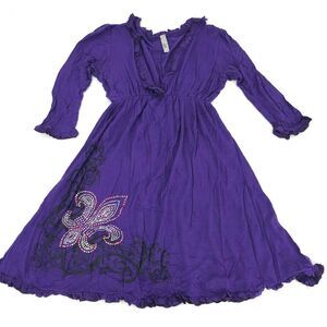 Voll Women's Mini Dress Embroidered Rhinestone Ruffle Purple Sz S